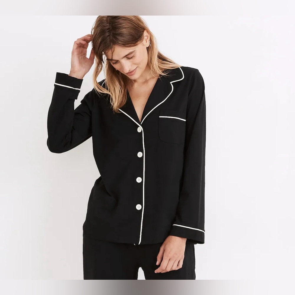 Madewell Knit Lounge Top, XS, Black with White Piping & Buttons